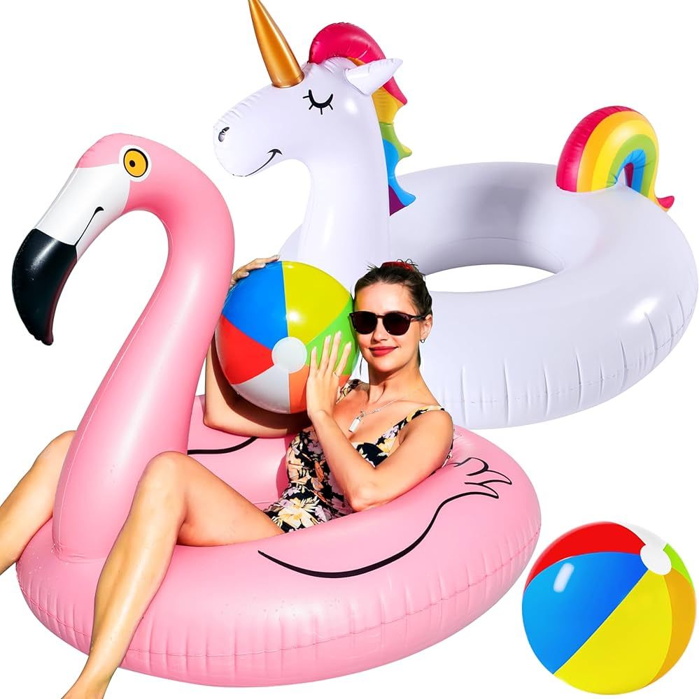 FindUWill 2 Pack 42'' Inflatable Pool Floats Flamingo Unicorn Swim Tube Rings with 2Pcs Beach Bal... | Amazon (US)