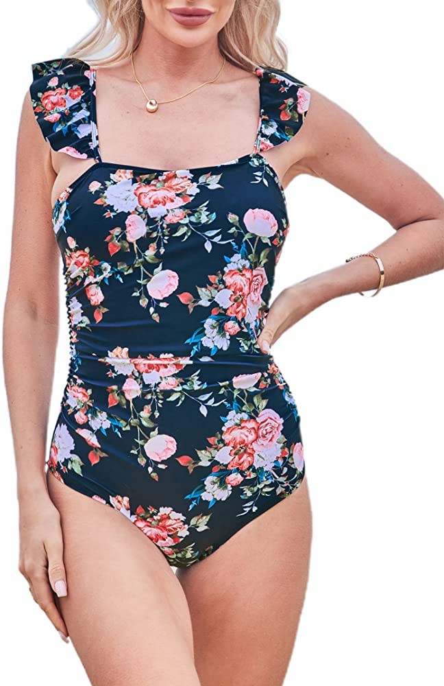 Hilinker Women's Ruffle Shoulder One Piece Bathing Suit Belted Leopard Color Block Swimsuit | Amazon (US)