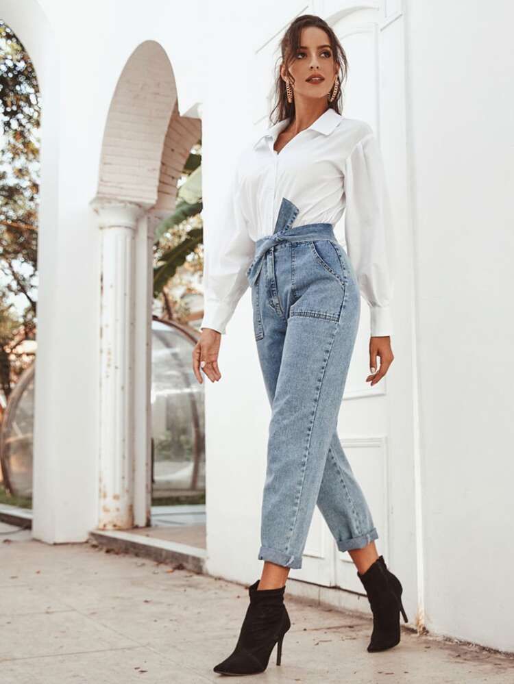 High Waisted Pocket Patched Tie Front Mom Jeans | SHEIN