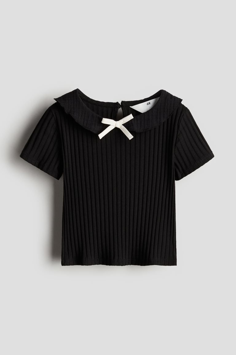 Rib-knit Top with Collar - Round Neck - Short sleeve - Black - Kids | H&M US | H&M (US + CA)