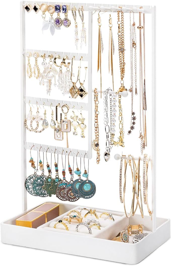 PiQi-Grecge Jewelry Organizer, 4-Tier Earring Organizer with Metal Tray, Jewelry Holder Stand for... | Amazon (US)