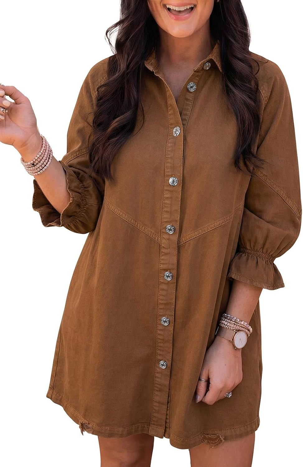 Sidefeel Womens Smocked 3 4 Sleeve Button Down Denim Jeans Dresses | Amazon (US)