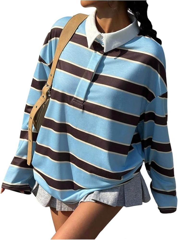WDIRARA Women's Striped Long Sleeve T Shirts Collared Baggy Tees Streetwear Oversized Tops | Amazon (US)