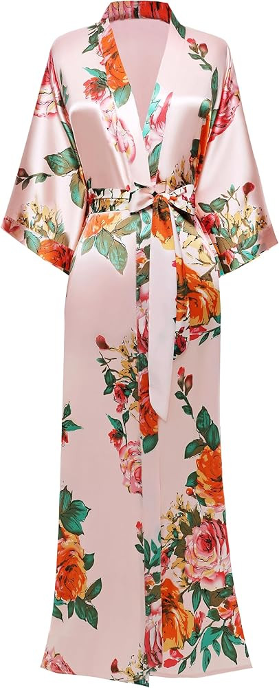 BABEYOND Women's Kimono Robe Long Satin Silky Floral Lightweight Bridesmaid Wedding Bachelorette ... | Amazon (US)