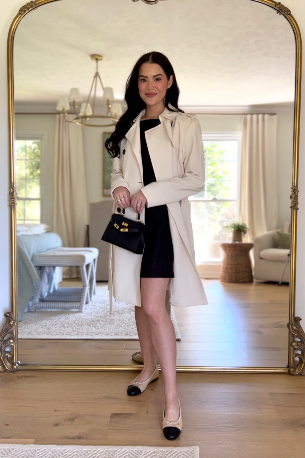 Black and white classic spring outfit / reformation dress / H&M trench coat (size XS) / Chanel flats 
