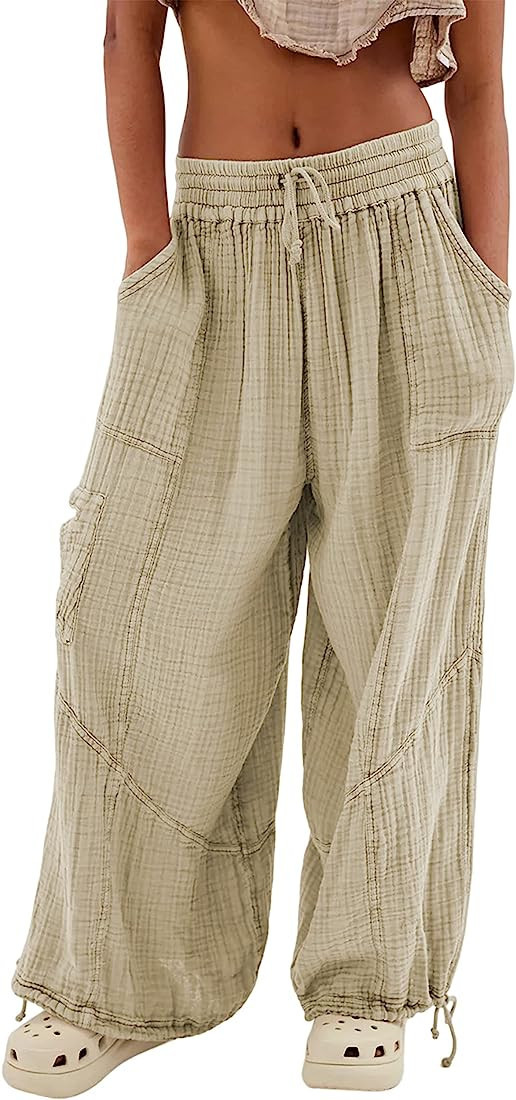 Xiaoxuemeng Womens Baggy Utility Pants Summer High Waisted Wide Leg Cargo Pants with Pockets | Amazon (US)