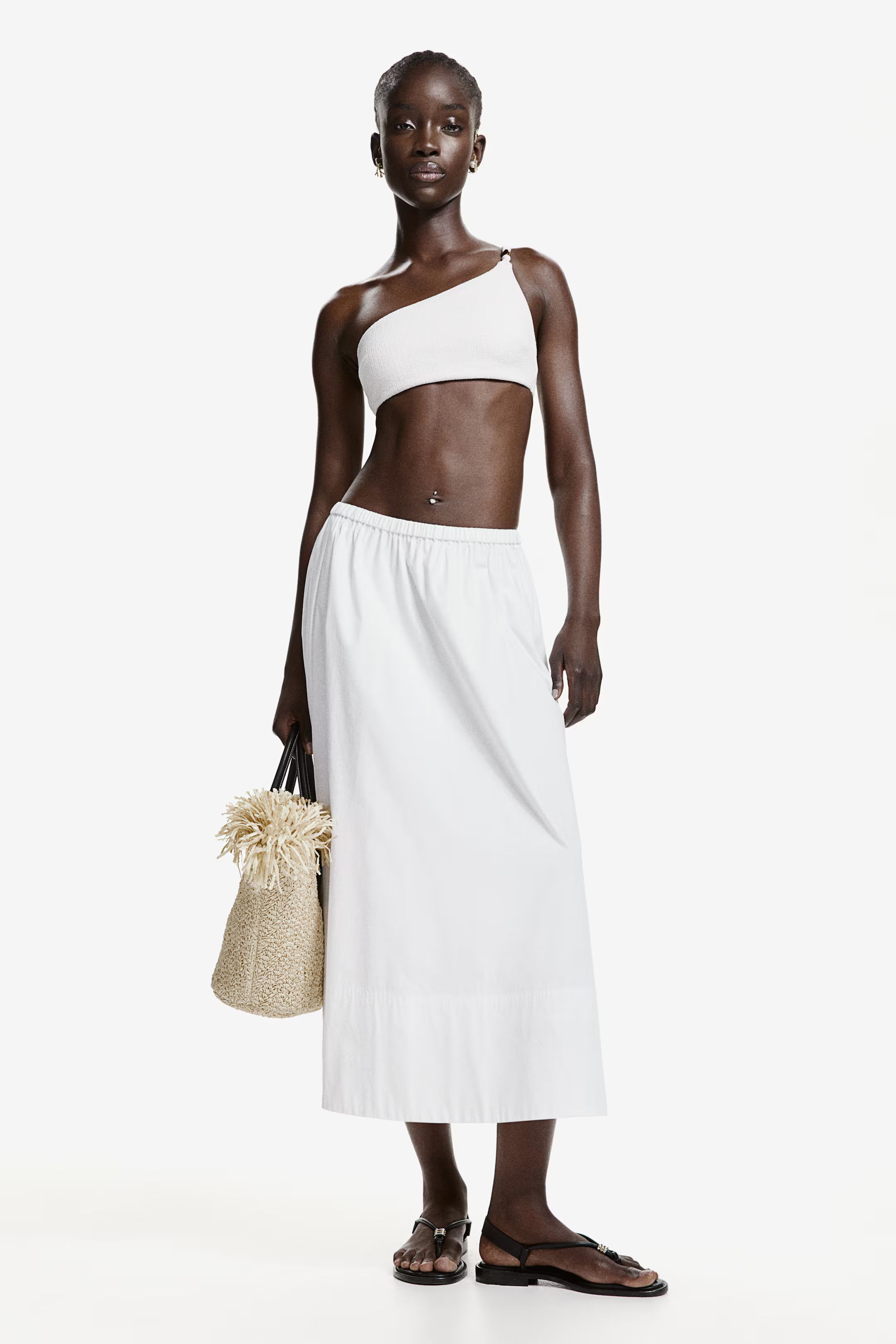 Midi skirt - High waist - Long - White - Ladies | H&M GB | H&M (UK, MY, IN, SG, PH, TW, HK)