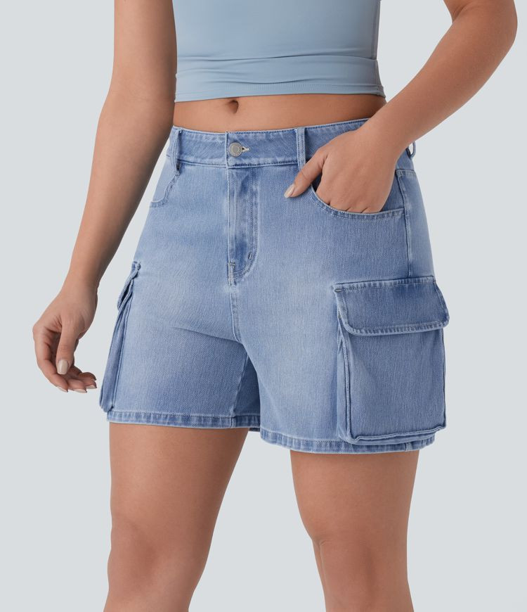 Women’s Halara Flex™ Low Rise Multiple Pockets Washed Stretchy Knit Denim Casual Cargo Shorts... | HALARA