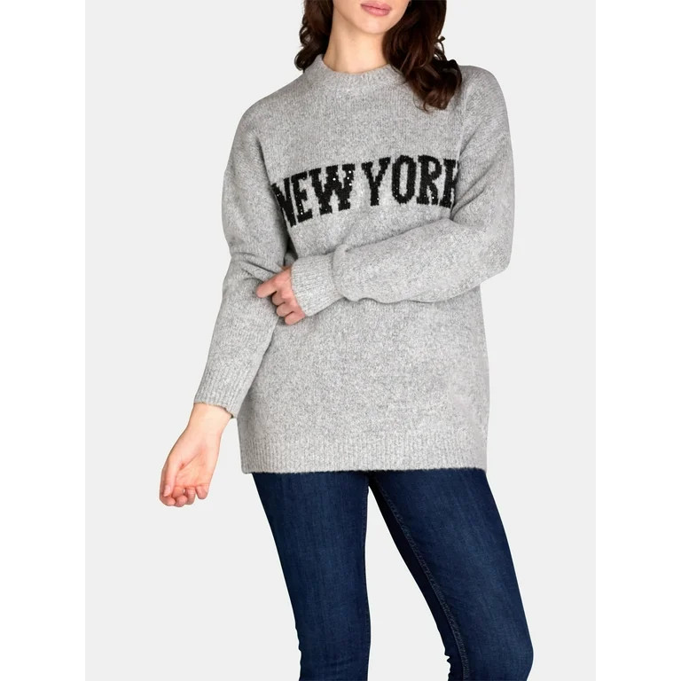 Madden NYC Oversized Graphic Sweater, Women's and Women's Plus, Sizes XXS-4X - Walmart.com | Walmart (US)