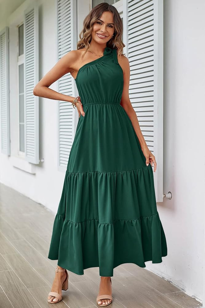 PRETTYGARDEN Women's Floral Maxi Dress 2023 Knot One Shoulder Sleeveless Ruffle Hem Flowy Boho Dress | Amazon (US)