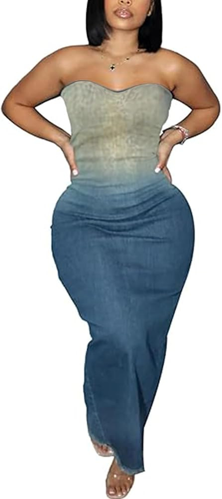 Womens Strapless Tube Gradient Denim Maxi Dress Sexy Backless Ruched Bodycon Jeans Long Dresses | Amazon (US)