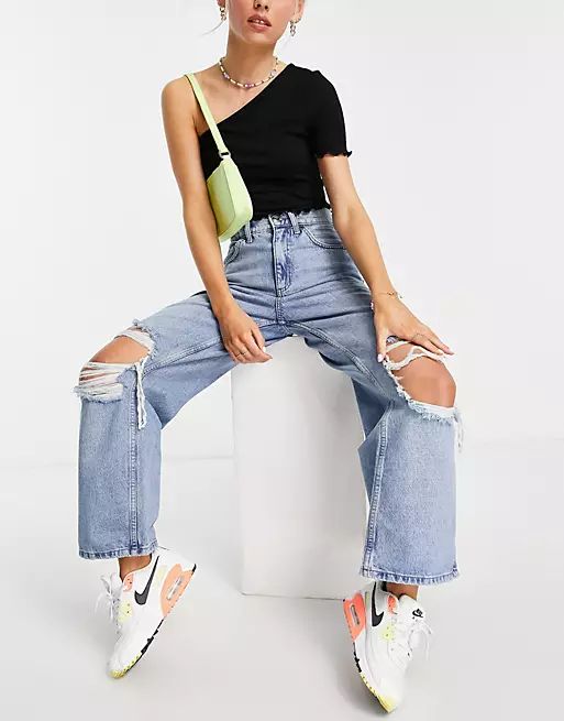 ASOS DESIGN Petite high rise 'relaxed' dad jeans in brightwash with rips | ASOS | ASOS (Global)