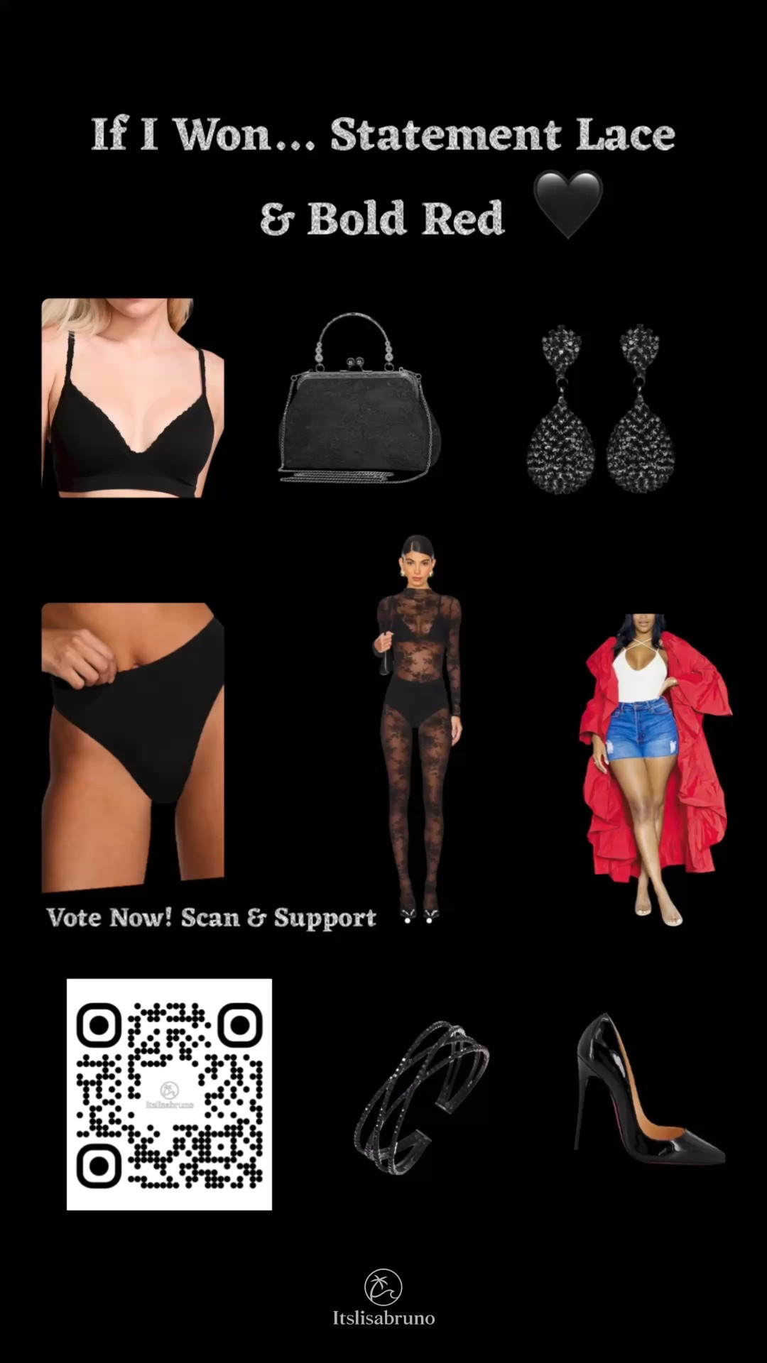 ✨ If I won… I’d wear this sheer black lace catsuit paired with sleek Brazilian high-waisted panties and a black triangle push-up bra — the perfect mix of sultry and chic.

Finished with iconic So Kate Louboutins, sparkling rhinestone drop earrings, and a cuff bracelet for that show-stopping shine. The bold red ruffled duster completes the look with dramatic flair. 🔥

💃 Tap below to shop this glam outfit and save it for your next big moment!

———

🔹 PS — I’m also in the FabOver40 contest right now!

You can help me by casting a free daily vote — no purchase needed. Just scan the QR code in the video collage or snap a pic in the link below to vote! Every vote brings me closer to winning, and I appreciate your amazing support so much. 🙏🏻

{This free daily vote is totally separate from LTK.}

#Ad #IfIWonSeries #LTKstyle #HolidayGlam #FabOver40 #FreeDailyVote #LTKholiday #EveningLook #StatementStyle


#LTKHoliday #LTKSeasonal #LTKOver40