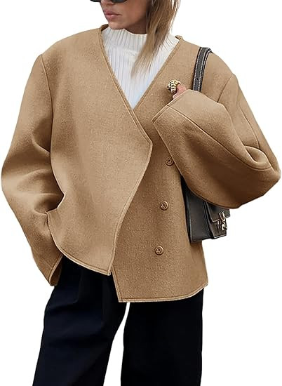 Cicy Bell Womens Cropped Wool Jackets Fall V Neck Short Pea Coats Single Breasted Outerwear Winte... | Amazon (US)