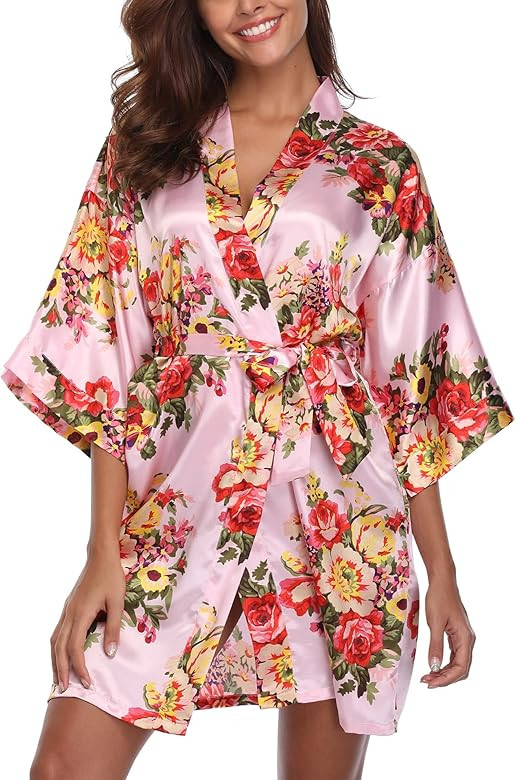 VOGTORY Women's Floral Satin Robe Short Silky Bathrobes Bride Bridesmaid Dressing Gown for Wedding P | Amazon (US)