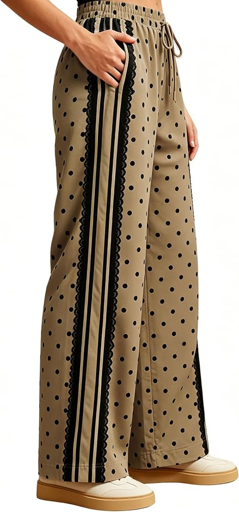 Yeokou Women's Wide Leg Pants Polka Dot Lace Striped High Waisted Casual Track Pants with Pockets... | Amazon (US)