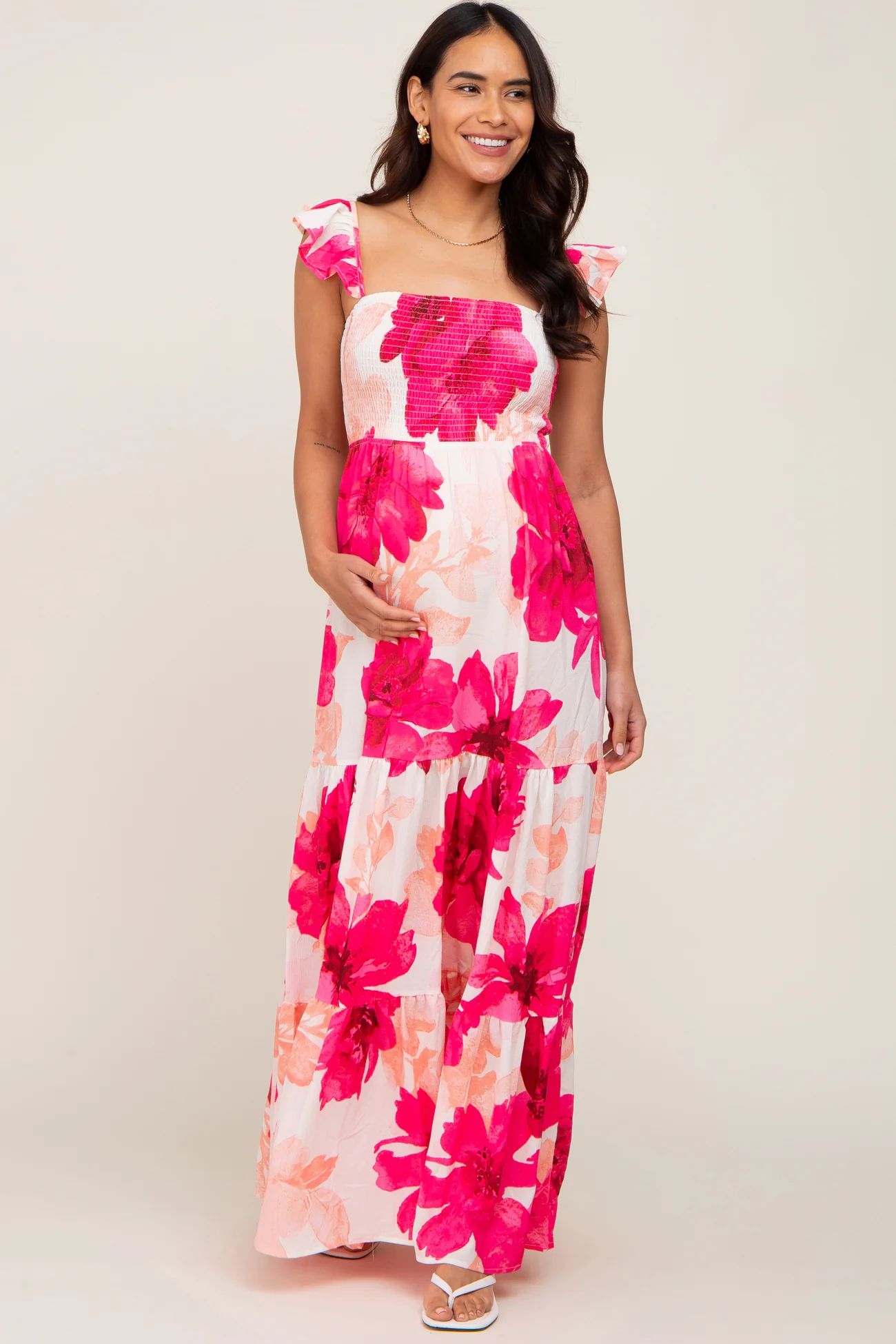 Fuchsia Floral Smocked Tiered Maternity Maxi Dress | PinkBlush Maternity