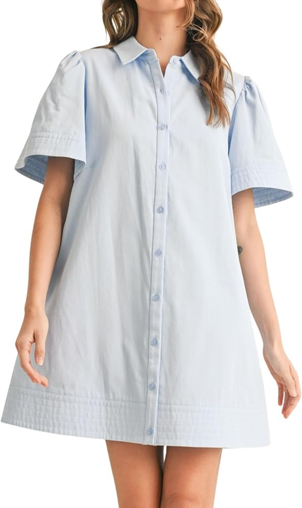 Womens Short Sleeve Button Down Mini Shirt Dress Lapel Collar Short Dresses with Pocket | Amazon (US)
