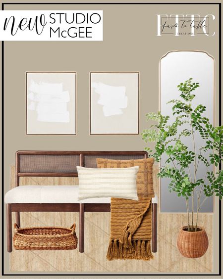 NEW Studio McGee x Target Finds Coming Soon. Follow @farmtotablecreations on Instagram for more inspiration. Releasing December 26th. Woodspring Caned Back Bench Dark Walnut/Cream. Woven Striped Throw Pillow Neutral/Dark Tan. Jute Braid Area Rug Natural. Artificial Pterocarpus Leaf Tree. (Set of 2) 16"x20" White Patches Embellished Framed Raw Canvases. 20"x60" Romantic Arch Aluminum Floor Mirror Brass. Raised Striped Chunky Knit Throw Blanket. Tufted Geo Lumbar Throw Pillow. Oval Rim Woven Tray. Winter Refresh. Cozy Living Room. Target Finds. Target Home Finds. Affordable Decor. Entryway Decor. Entryway Bench. Entryway Rug. 

#LTKstyletip #LTKhome #LTKfindsunder50