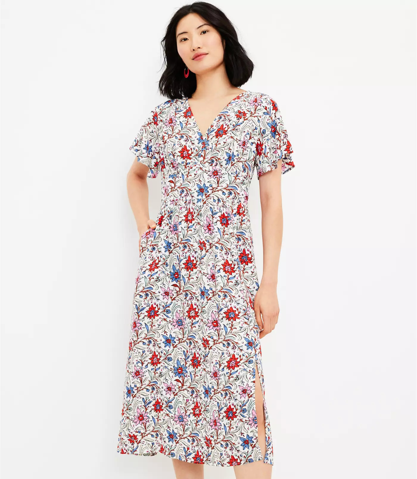Floral Flutter Sleeve V-Neck Midi Dress | LOFT | LOFT