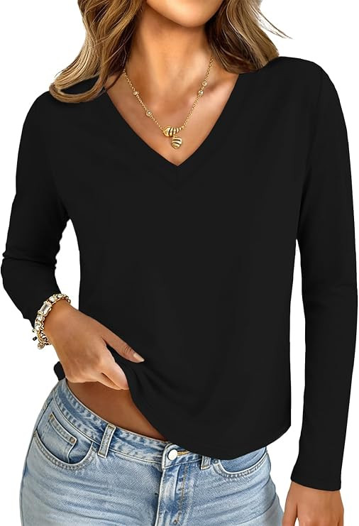UNCLECAT Womens V Neck Long Sleeve Shirts Fall Crop Tops Casual Basic Fashion Going Out Clothes | Amazon (US)