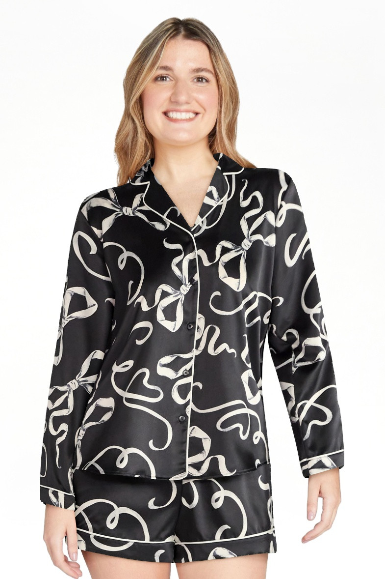 Joyspun Women’s Stretch Satin Notch Long Sleeve Top and Shorts Pajama Set, 2-Piece, Sizes XS-3X | Walmart (US)