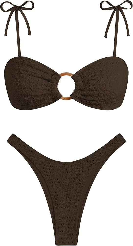 ZAFUL Women's Sexy Tie Spaghetti Strap Bikini Textured O Ring Ruched High Leg Swimsuit Cheeky Bat... | Amazon (US)