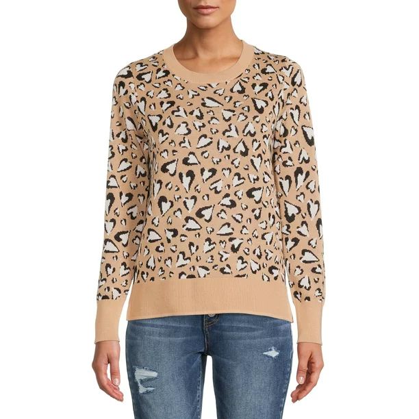 Time and Tru Women's Leopard Hearts Sweater | Walmart (US)