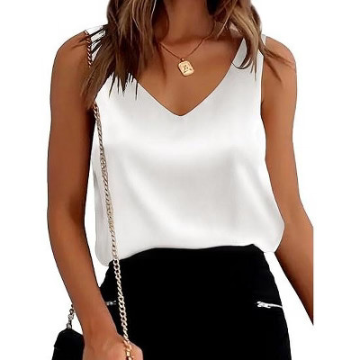 Ekouaer Womens Silk Satin Tank Tops V Neck Casual Cami Sleeveless Camisole Blouses Summer Basic Tank Shirt White M | Target