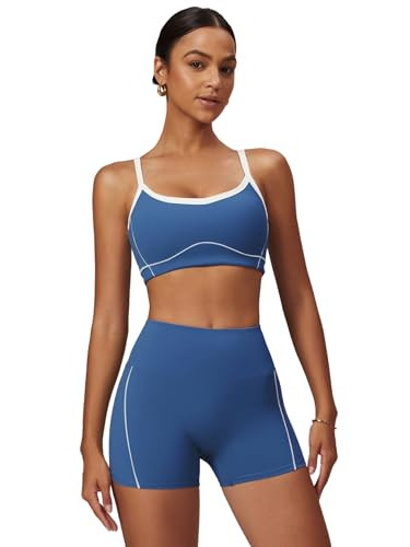 ABOCIW Womens Workout Sets Contrast Trim Sports Bra High Waist Biker Shorts 2 Piece ym Yoga Outfits Blue Medium | Amazon (US)