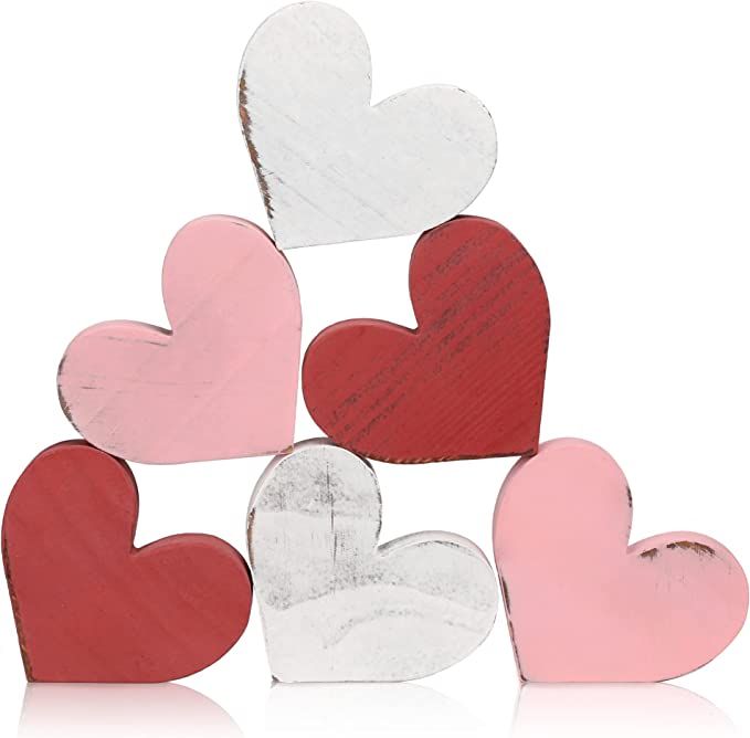 Valentine's Day Wooden Hearts Tiered Tray Decor, 6Pcs Farmhouse Distressed Wooden Heart Shaped lo... | Amazon (US)