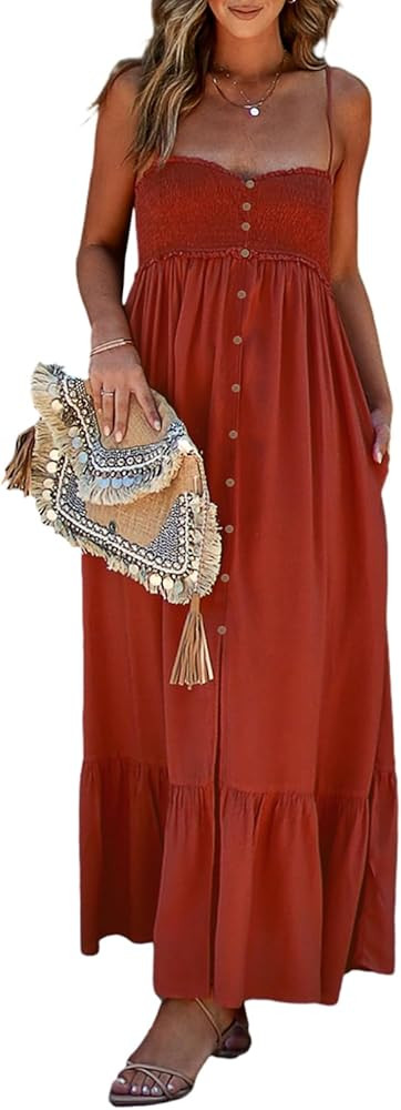 Dokotoo Womens Summer Casual Dresses Sleeveless Spaghetti Strap Button Down Smocked Beach Long Ma... | Amazon (US)