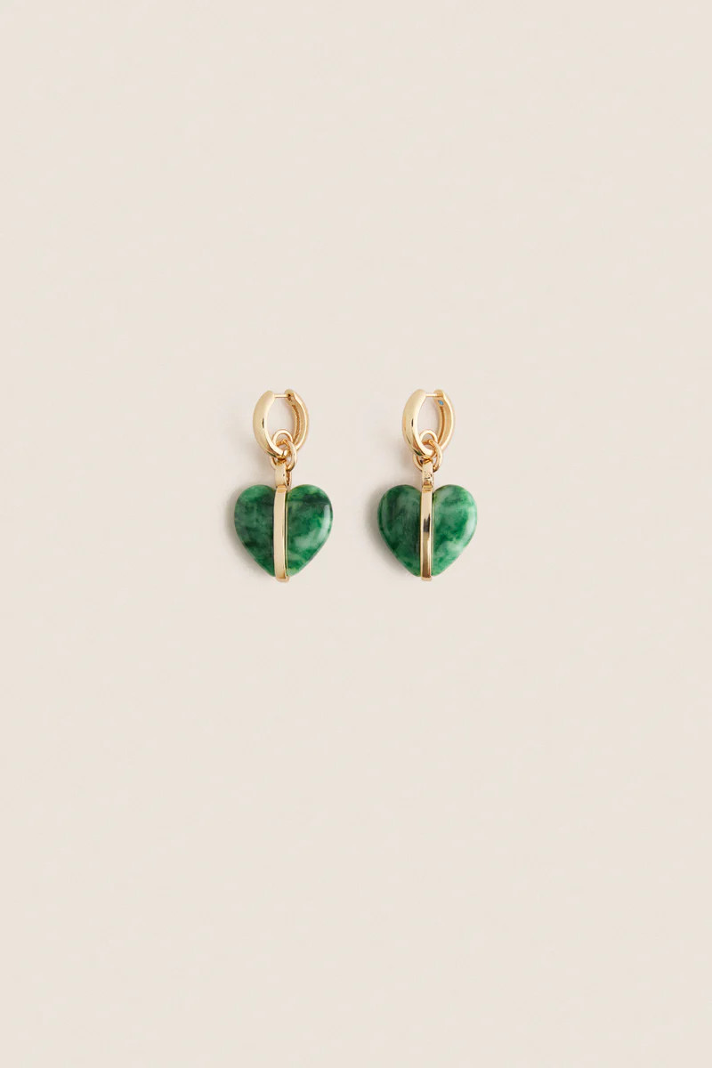 Gold and Moss Agate Semi Heart Charm Earrings | Tuckernuck (US)