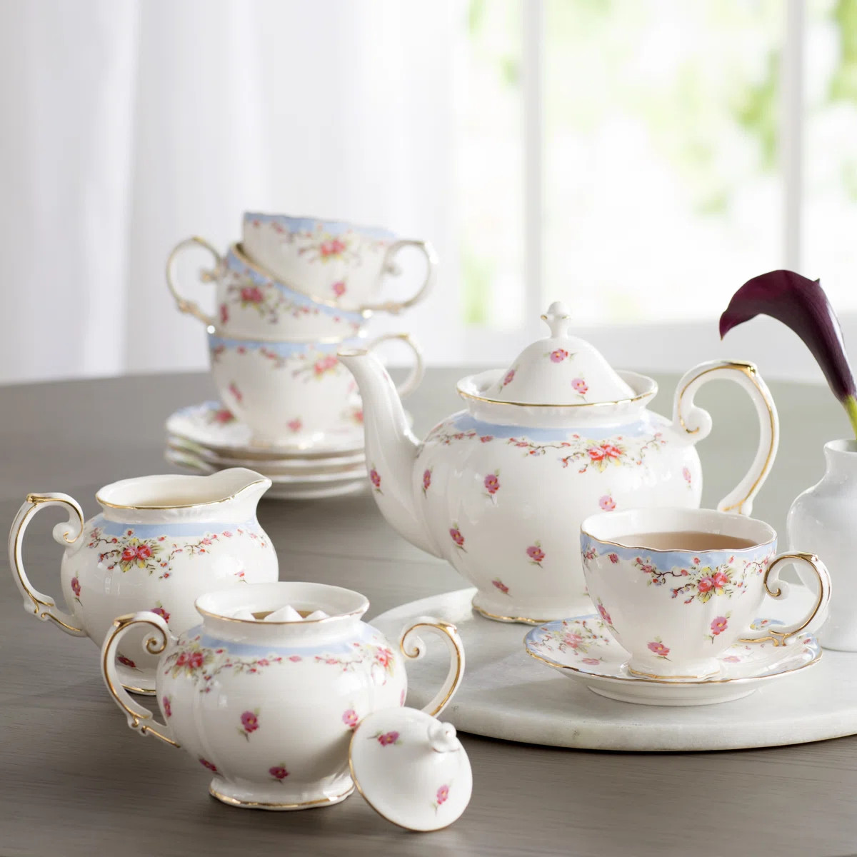 Grace's Tea Ware Vintage Blue Rose Porcelain 11-Piece Tea Set | Wayfair North America