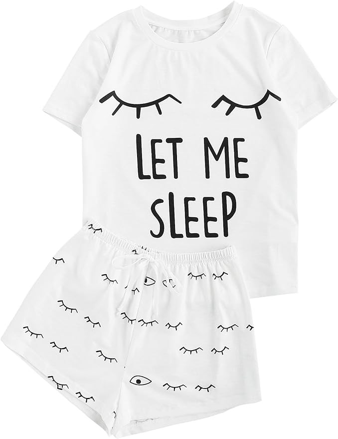 WDIRARA Women's Sleepwear Closed Eyes Print Tee and Shorts Pajama Set | Amazon (US)
