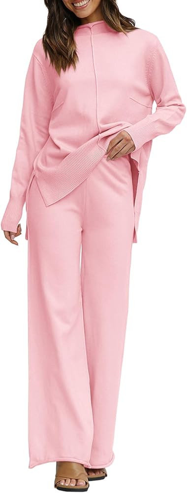 Fazortev Women's 2 Piece Outfits Long Sleeve Tops and Wide Leg Pants Knit Sweater Lounge Set | Amazon (US)