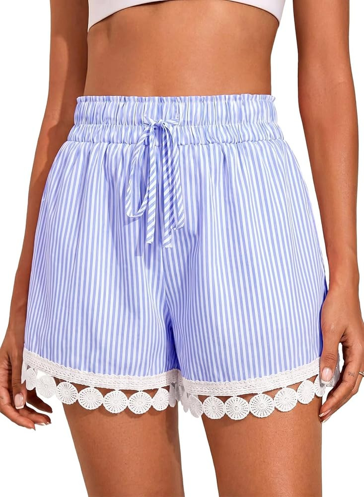 Dokotoo Womens Shorts Summer Casual Loose Elastic Waist Drawstring Lace Boho Beach Cover Up Short... | Amazon (US)