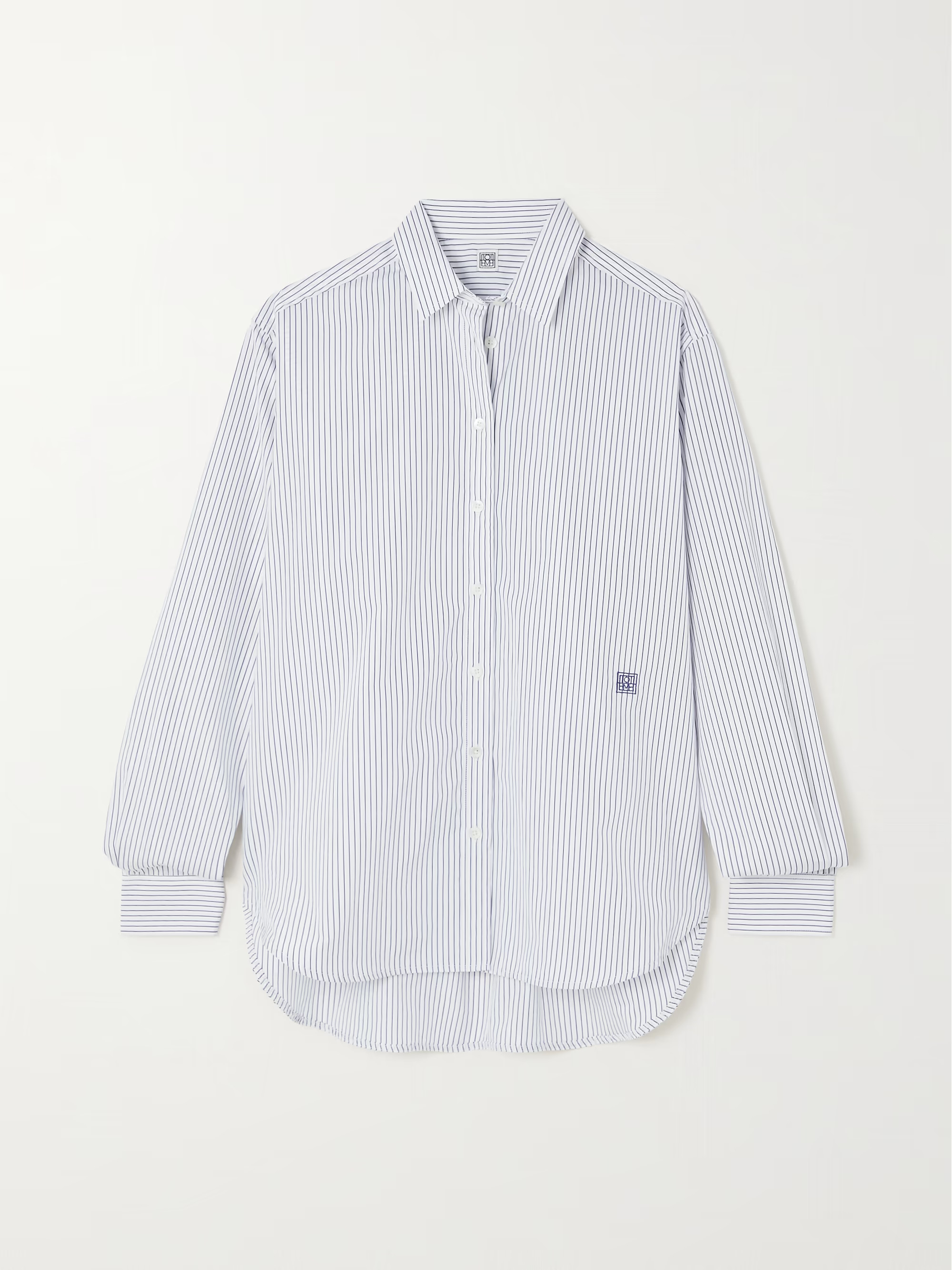 Navy Signature striped organic cotton and Lyocell-blend poplin shirt | TOTEME | NET-A-PORTER | NET-A-PORTER (US)