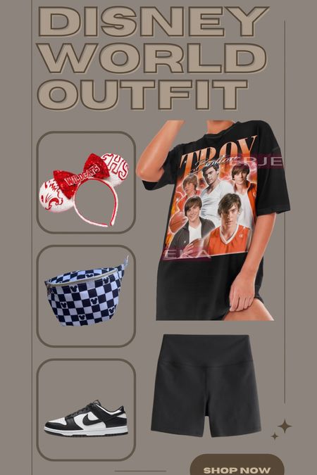 High School Musical Disney World outfit

Troy Bolton graphic tee shirt
East Side High Disney mouse ears
Checkered Mickey Mouse ears Fanny pack
Nike dunks 

#LTKShoeCrush #LTKTravel #LTKSaleAlert