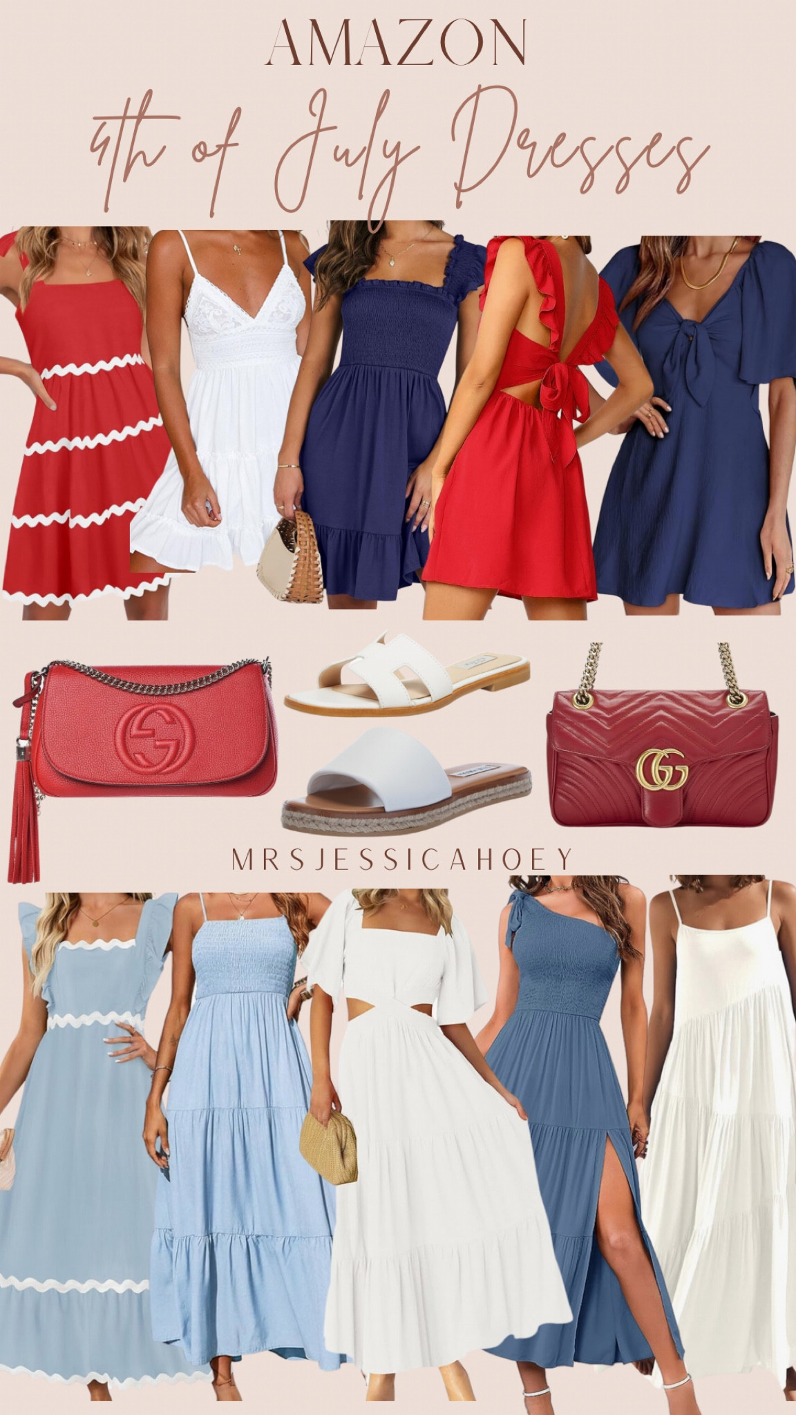 Women’s dresses. Spring summer dresses. Memorial Day. 4th of July. Red white blue dress. Vacation outfit. Holiday outfit. Women’s summer shoes. Sandals. Gucci handbags. 

#LTKFindsUnder50 #LTKShoeCrush #LTKStyleTip