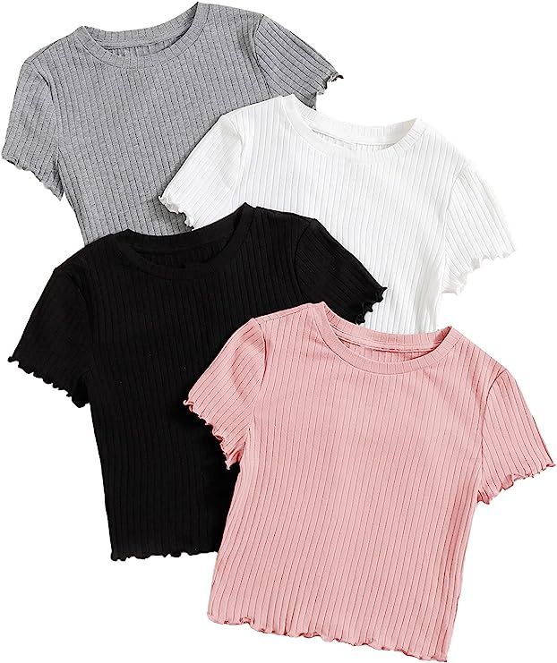 MakeMeChic Women's 4 Pack Short Sleeve Lettuce Trim Ribbed Knit Tees Crop Tops | Amazon (US)
