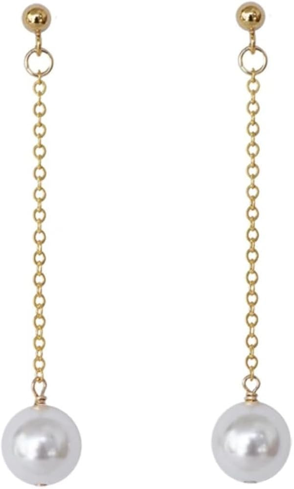 Dainty Pearl Threader Dangle Drop Stud Earrings - Sterling Silver Tassel Chain Long Wedding Earri... | Amazon (US)