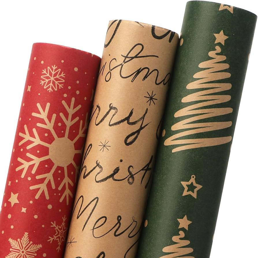 Ribbli Christmas Wrapping Paper Red Green Kraft Paper Merry Christmas Snowflakes Christmas Tree 3... | Amazon (US)