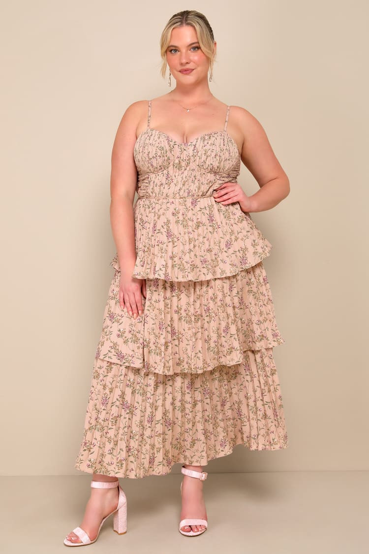 Cascading Crush Pink Floral Print Tiered Bustier Midi Dress | Lulus