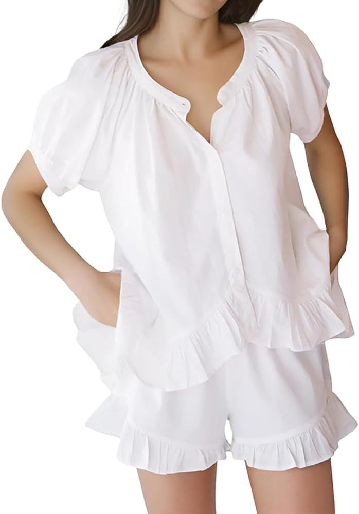 Xfileen Womens Fashion Summer Short Sets Short Sleeve Button Down Ruffle Trim Top and Shorts Cott... | Amazon (US)