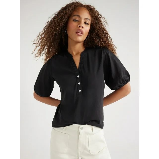 Free Assembly Women’s Henley Tee with Short Puff Sleeves, Sizes XS-XXL | Walmart (US)