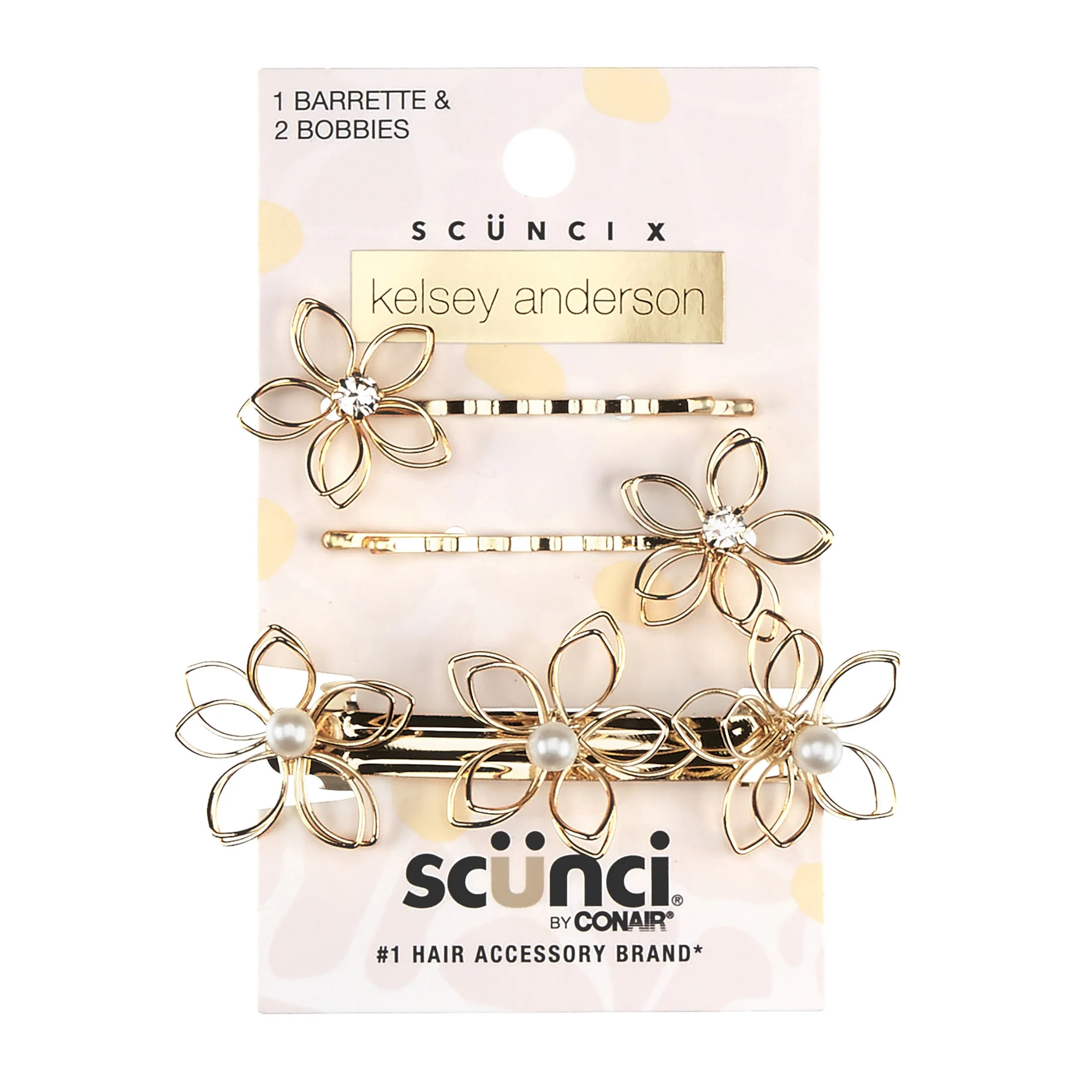 Scunci x Kelsey Anderson Crystal-Embellished Flower Bobby Pins & Barrette, Gold Tone, 3 count | Walmart (US)
