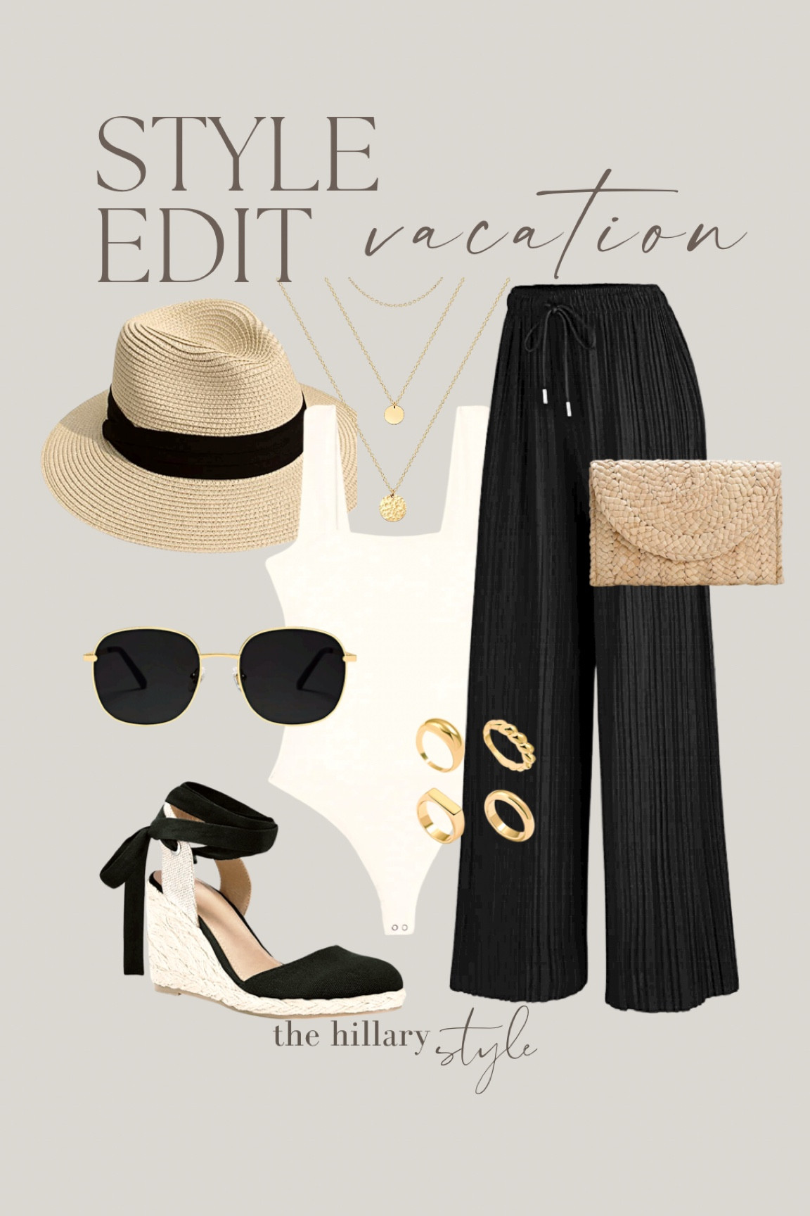 The Style Edit: Vacation. White Bodysuit, Black Flowy Pants, Espadrilles, Straw Clutch, Sunhat, Layered Gold Necklaces. Vacation outfit, Spring Break outfit

#LTKstyletip #LTKFind #LTKtravel