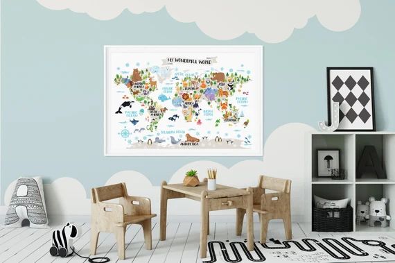 Kids world map poster Animal world map Playroom wall decor Kids room wall map World map nursery K... | Etsy (US)