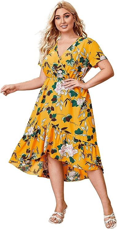 Milumia Women Plus Size Floral Boho Surplice V Neck High Low Ruffle Hem Maxi Dress | Amazon (US)